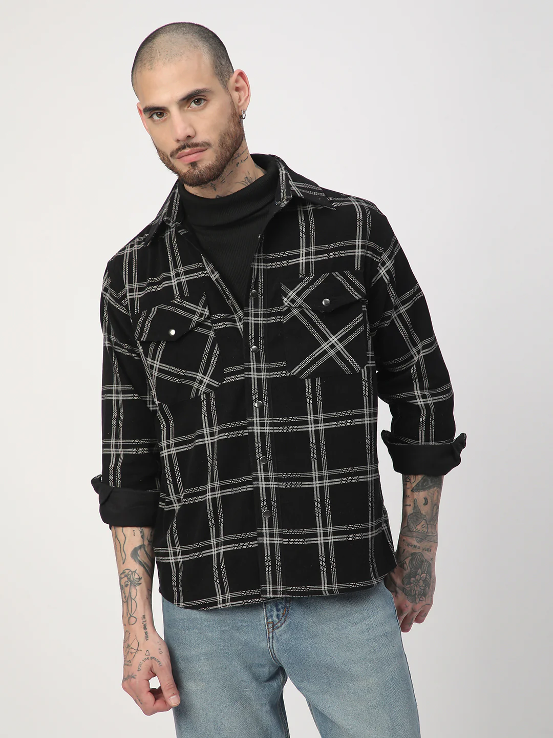 Elan Black Checks Double Flap Pocket Corduroy Overshirt - Image 5