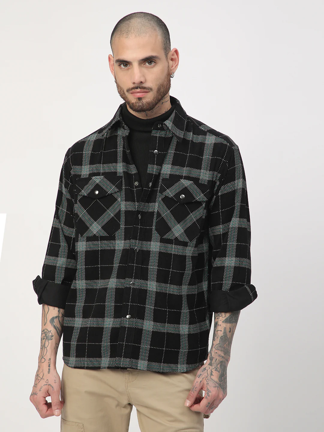 Elan Black Dot Checks Double Flap Pocket Corduroy Overshirt - Image 5