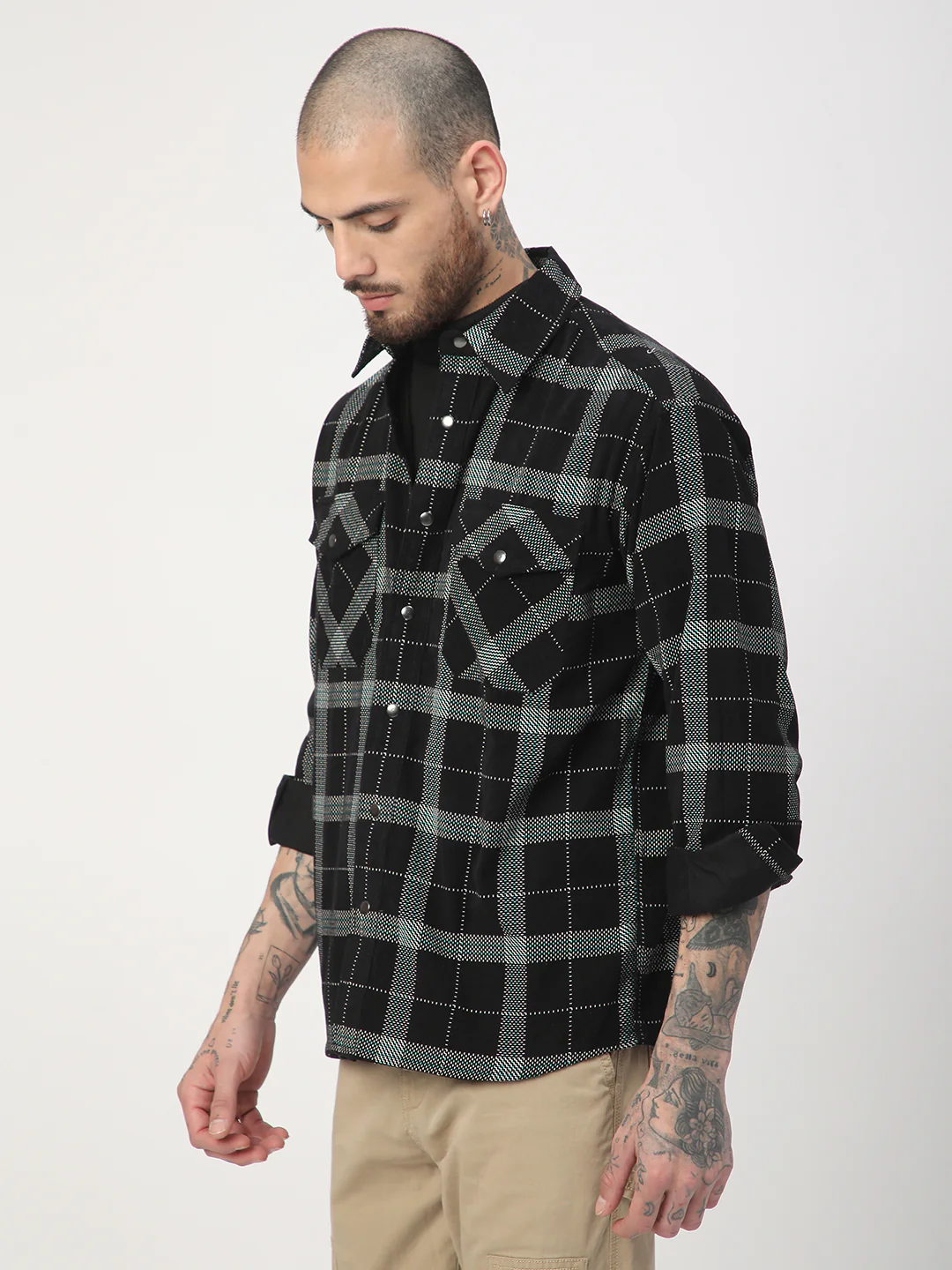 Elan Black Dot Checks Double Flap Pocket Corduroy Overshirt - Image 6