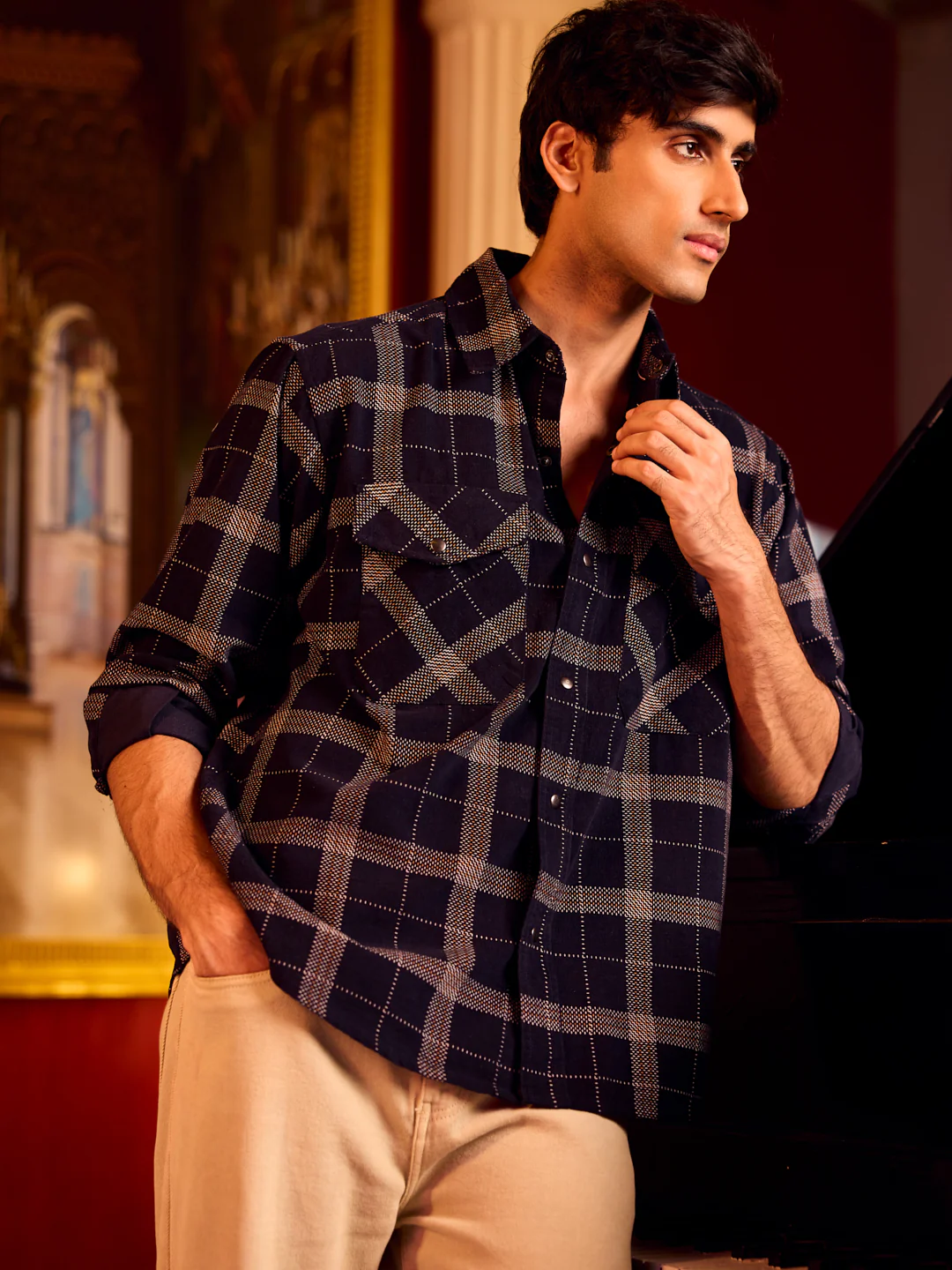 Elan Navy Dot Checks Double Flap Pocket Corduroy Overshirt - Image 2