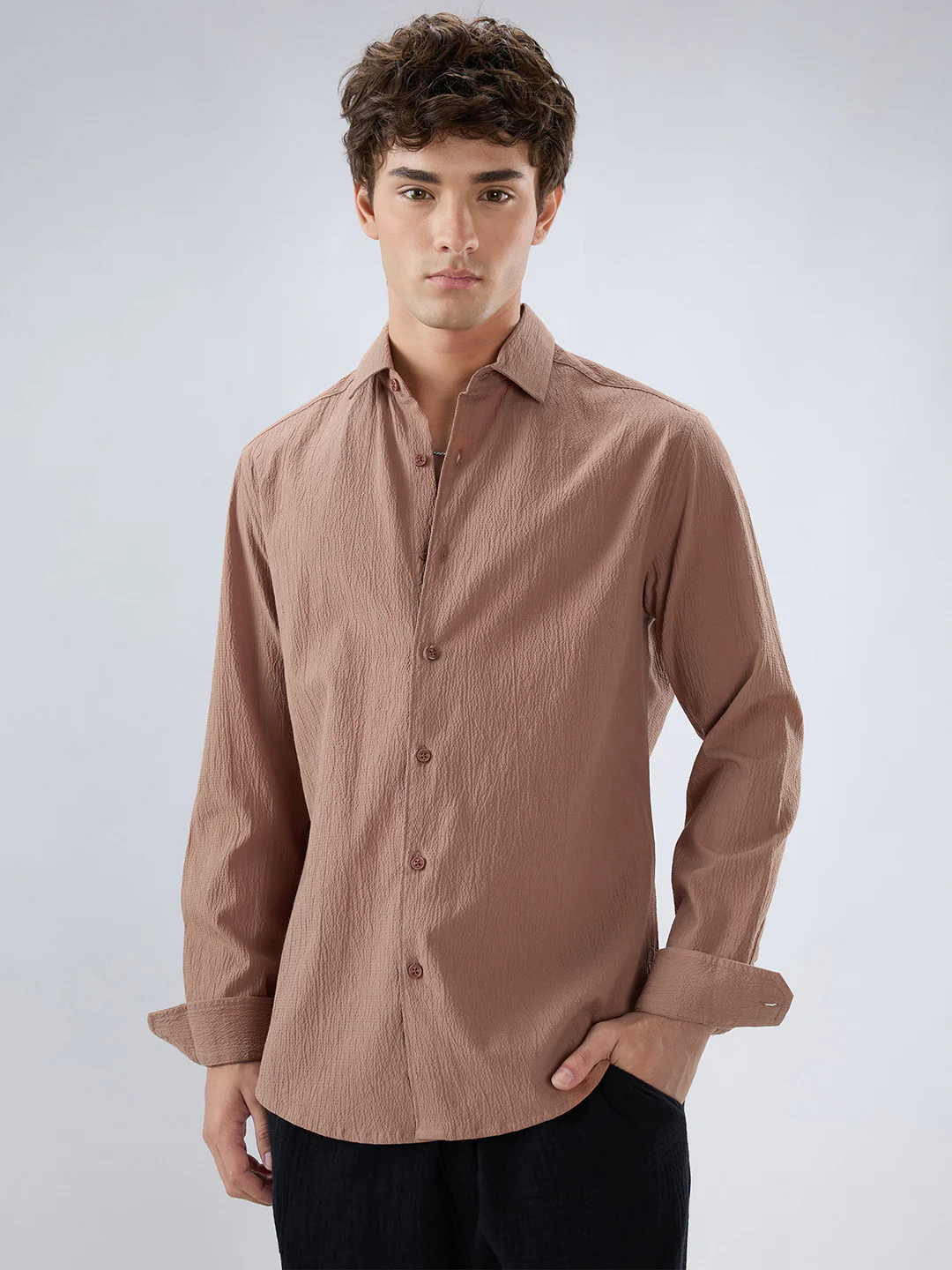 Elegant Apricot Textured Shirt - Image 5