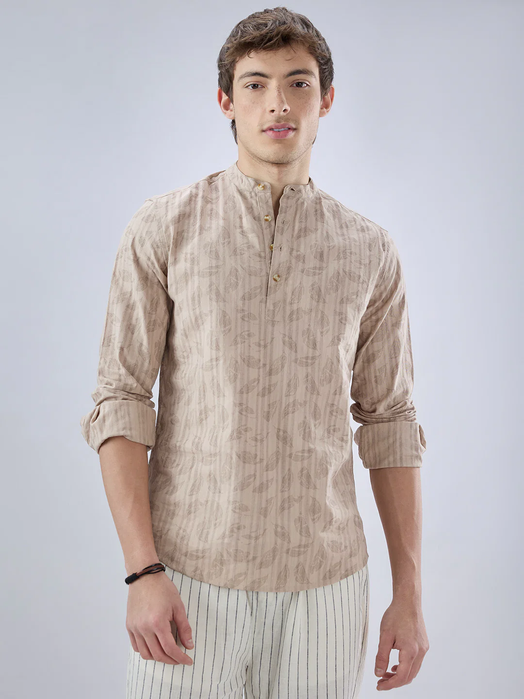 Elegant Beige Leaf Printed Striped Kurta - Image 5