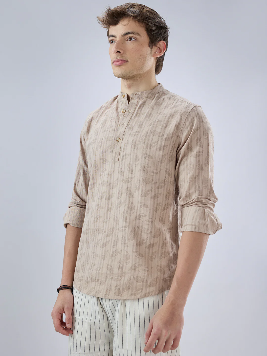 Elegant Beige Leaf Printed Striped Kurta - Image 6