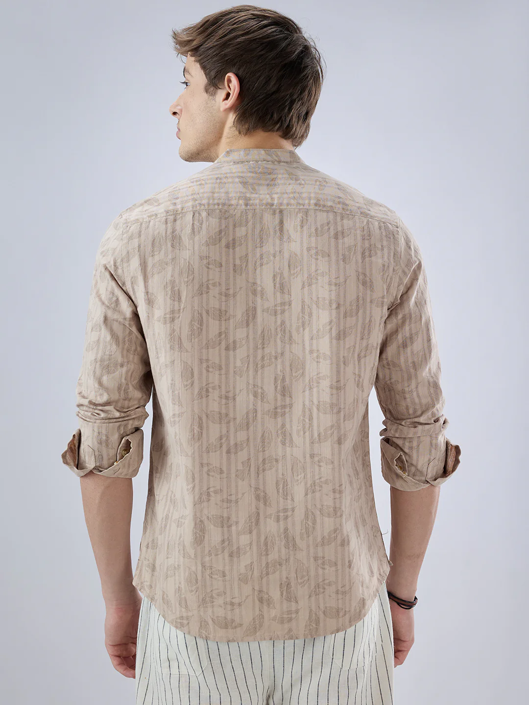 Elegant Beige Leaf Printed Striped Kurta - Image 7