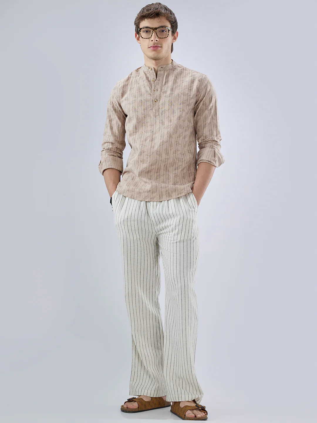 Elegant Beige Leaf Printed Striped Kurta - Image 8