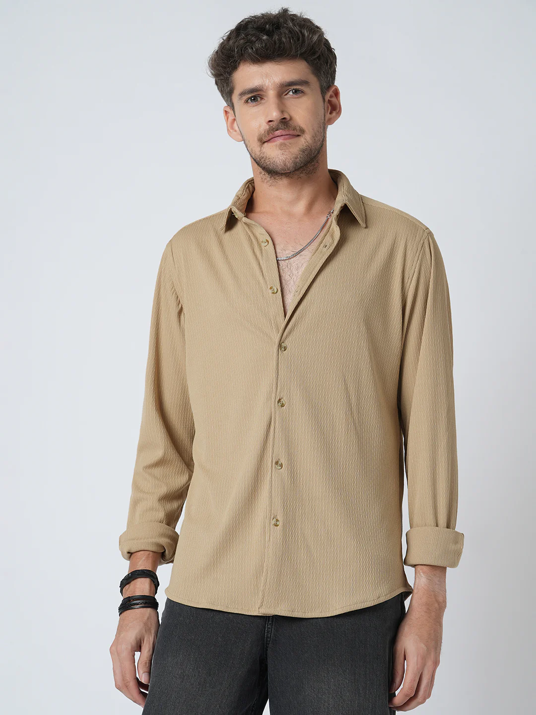 Elegant Beige Textured Knitted Shirt - Image 4