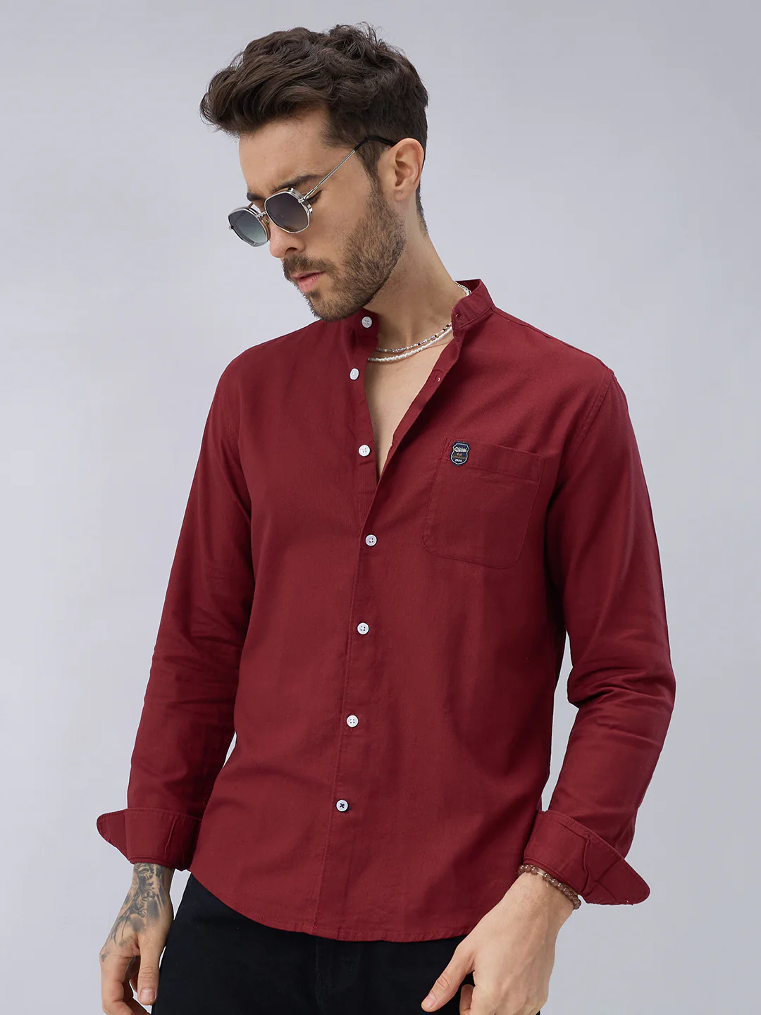 Elegant Berry Red Mandarin Collar Shirt