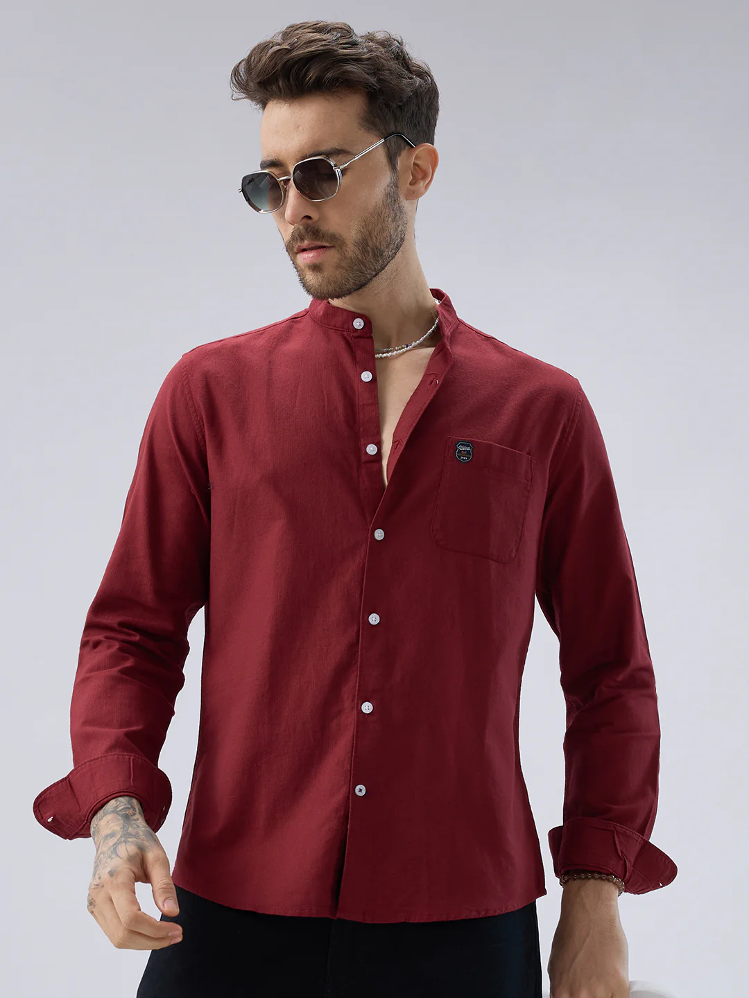 Elegant Berry Red Mandarin Collar Shirt - Image 2