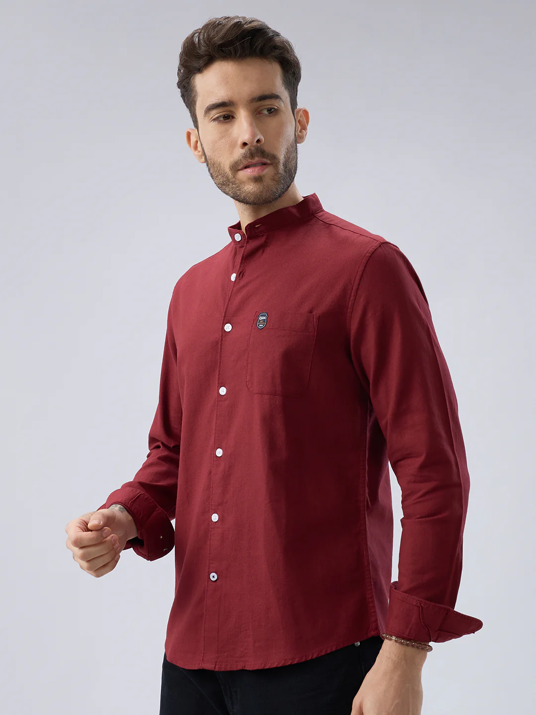 Elegant Berry Red Mandarin Collar Shirt - Image 6
