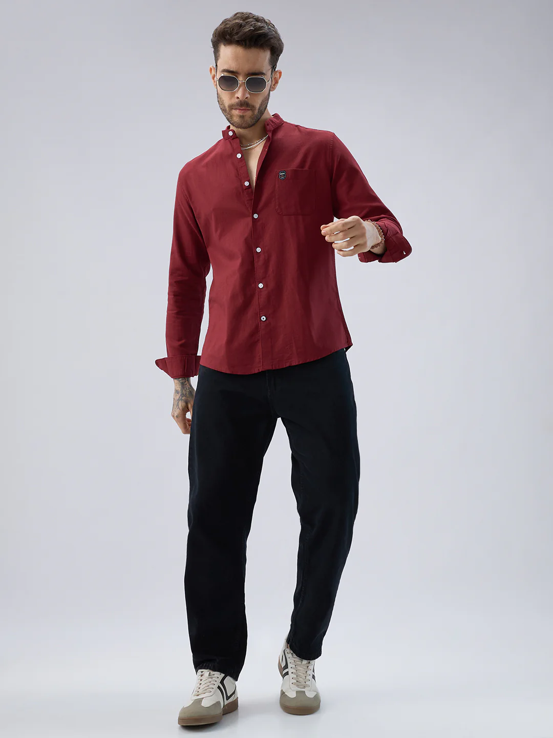 Elegant Berry Red Mandarin Collar Shirt - Image 8