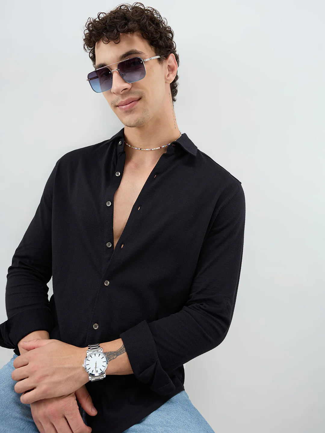 Elegant Black Knit Textured Shirt