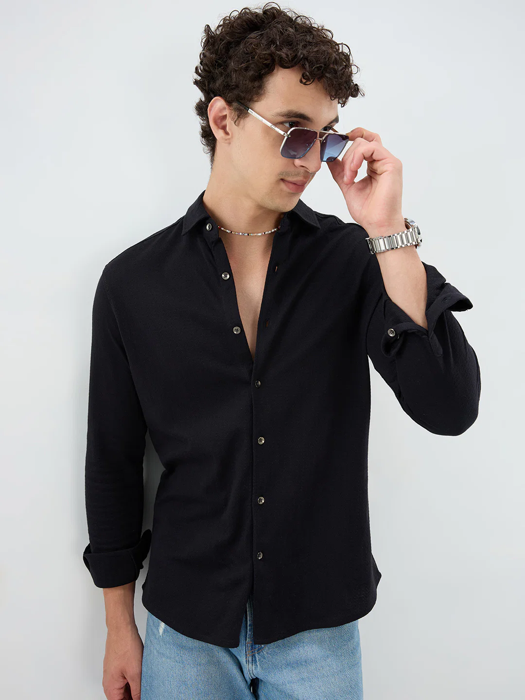 Elegant Black Knit Textured Shirt - Image 2