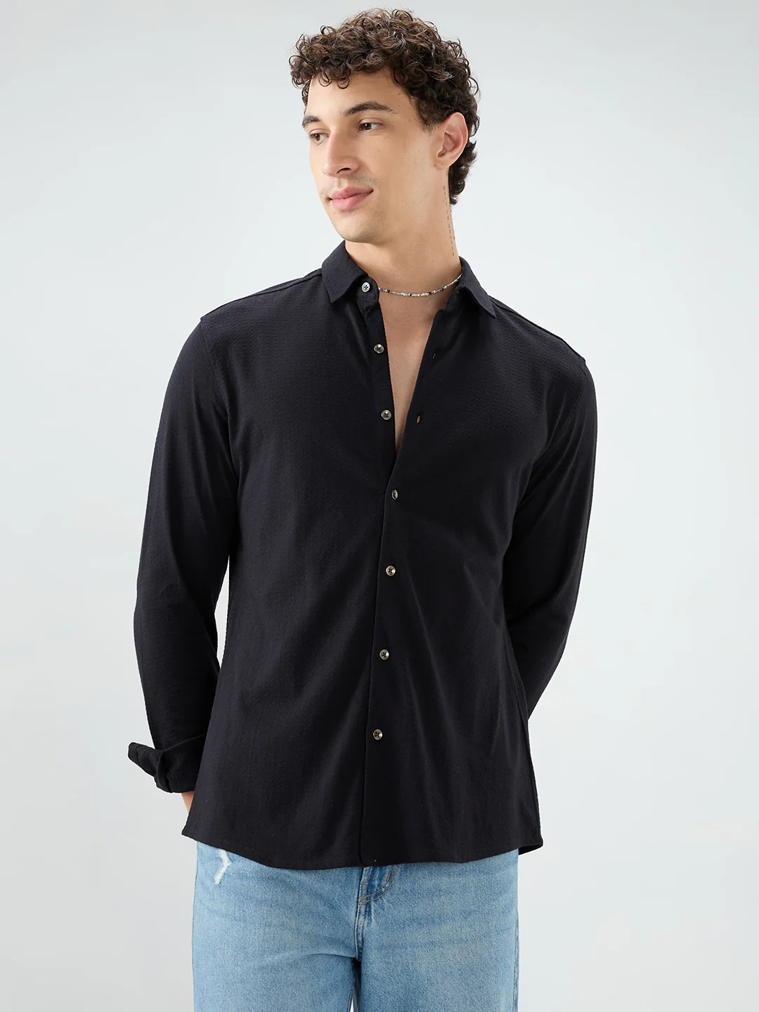 Elegant Black Knit Textured Shirt - Image 4