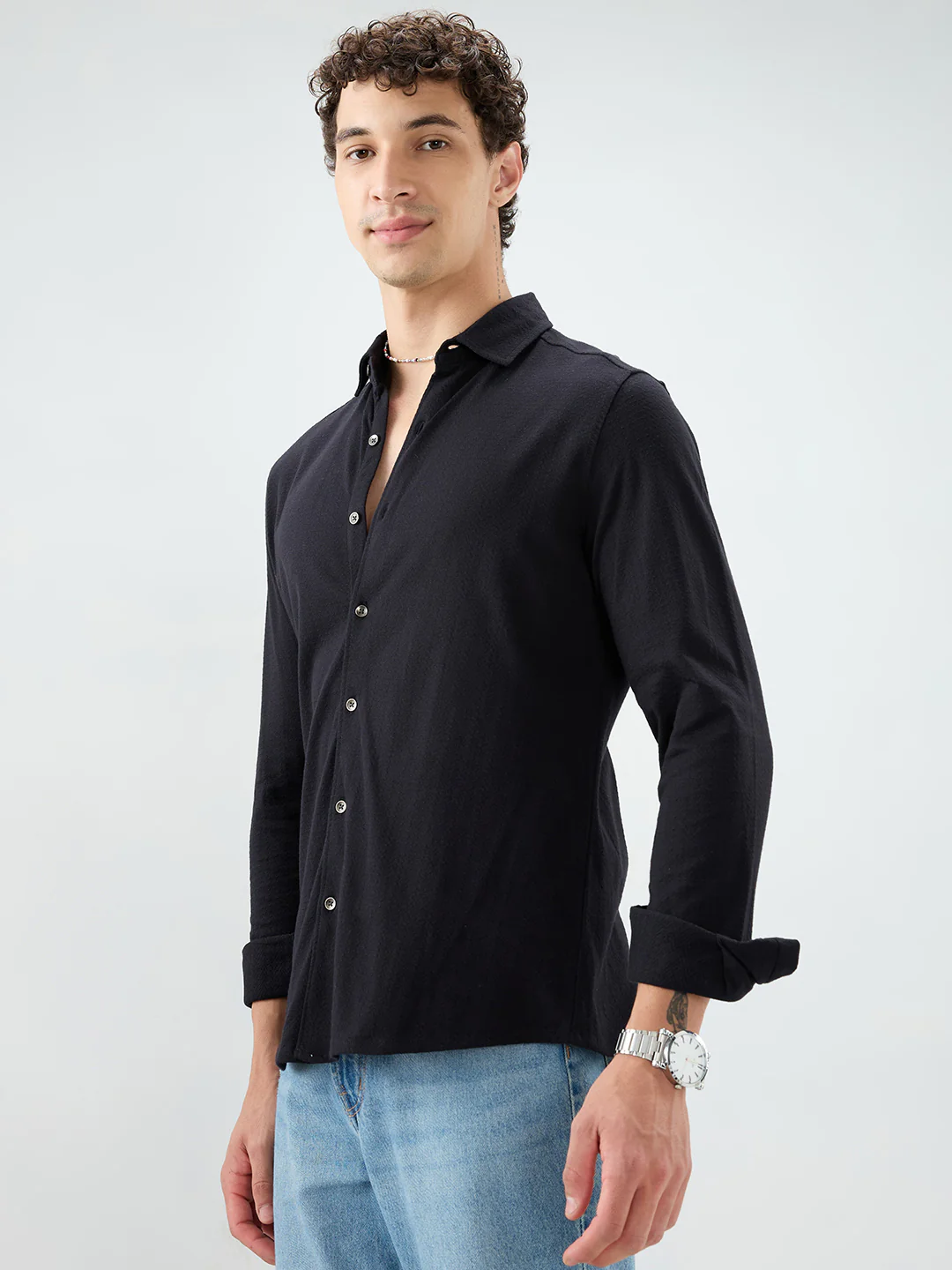 Elegant Black Knit Textured Shirt - Image 5