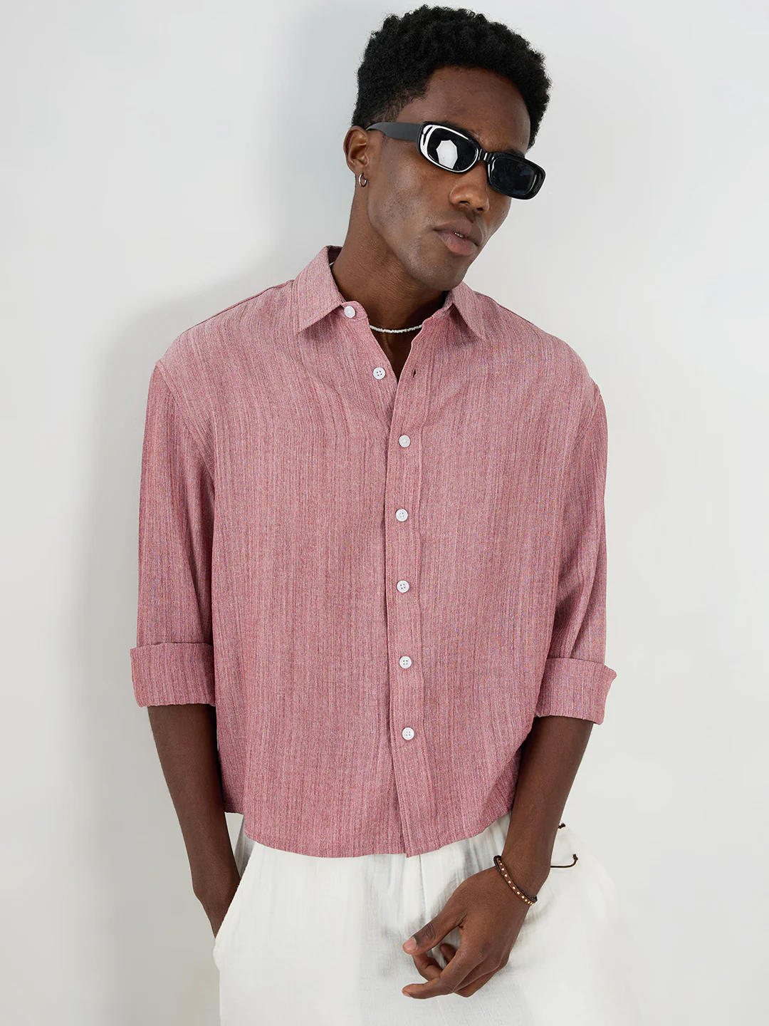 Elegant Brick Red Textured Boxy Fit Crop Shirt - Image 2