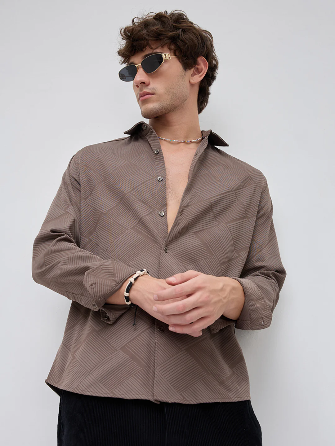 Elegant Brown Block Weave Knitted Shirt - Image 2