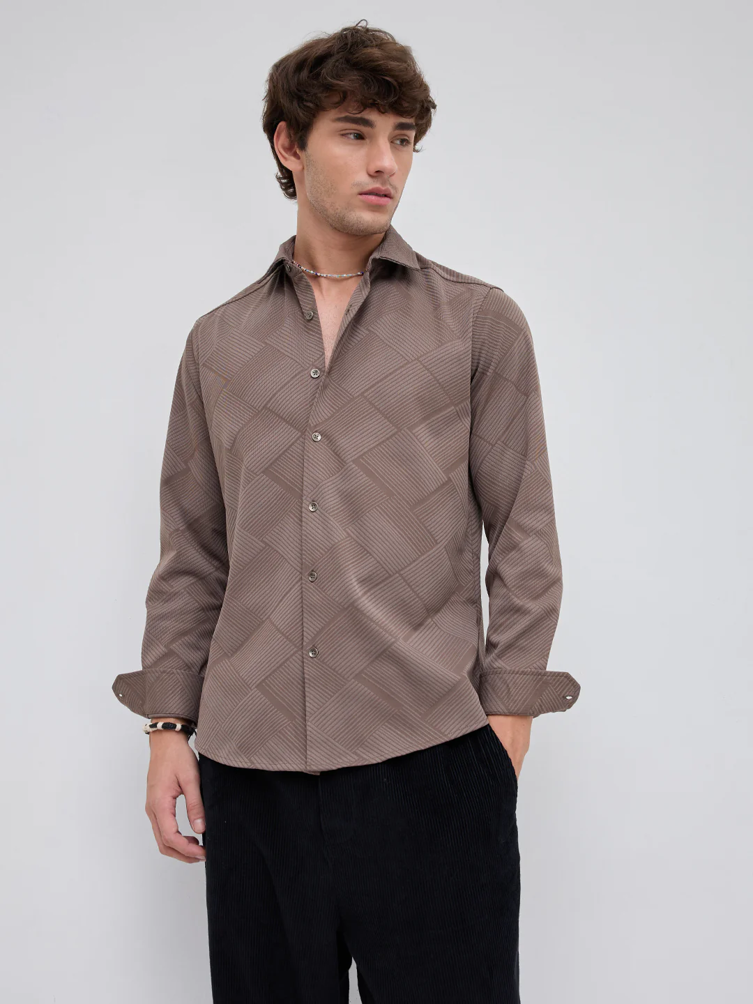 Elegant Brown Block Weave Knitted Shirt - Image 5