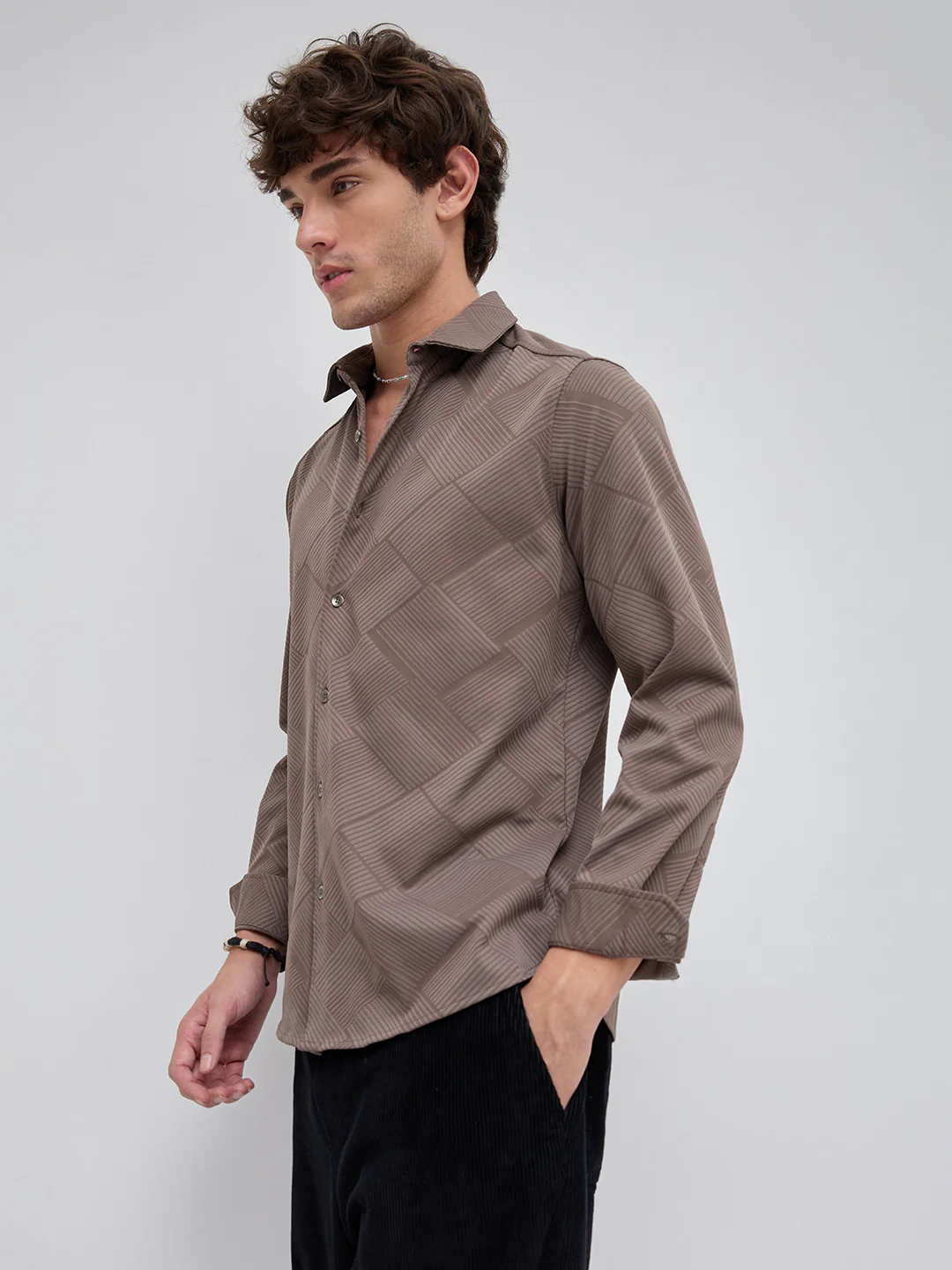Elegant Brown Block Weave Knitted Shirt - Image 6