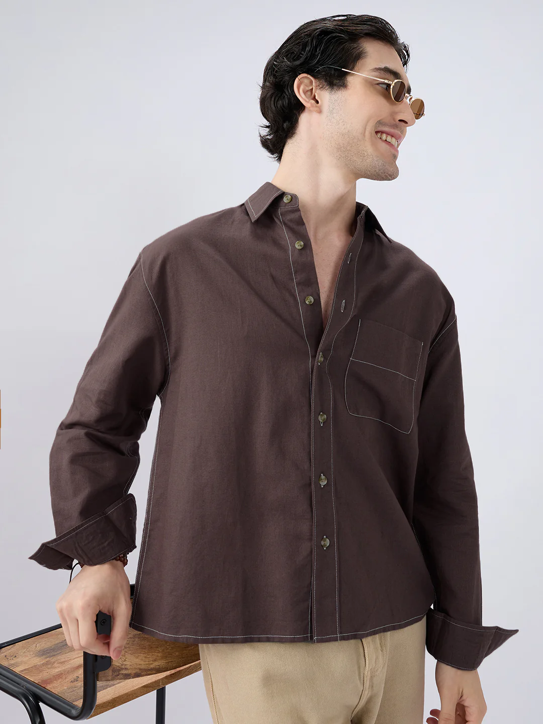 Elegant Brown Linen Contrast Stitch Boxy Fit Crop Shirt - Image 2