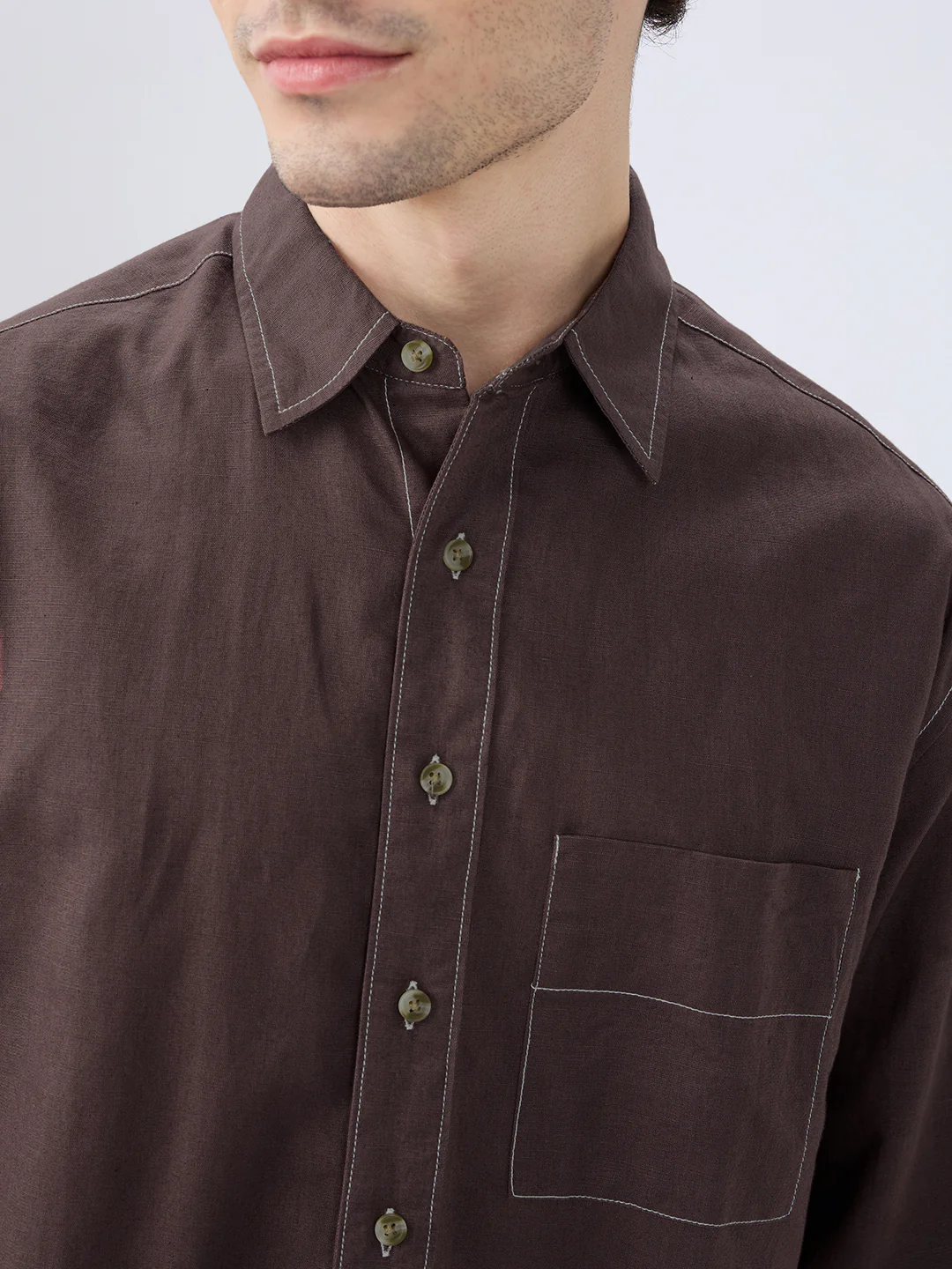Elegant Brown Linen Contrast Stitch Boxy Fit Crop Shirt - Image 3
