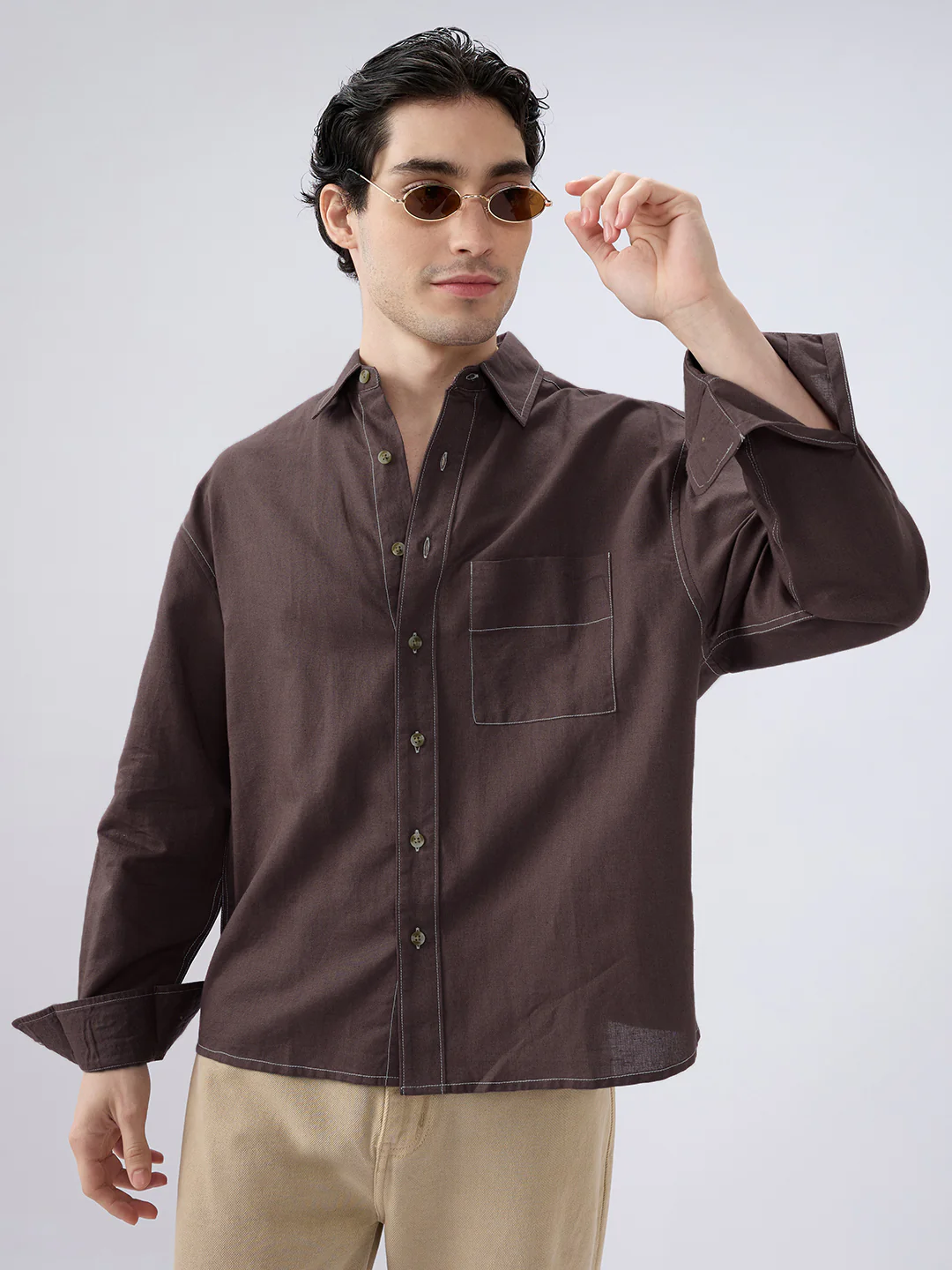 Elegant Brown Linen Contrast Stitch Boxy Fit Crop Shirt - Image 4
