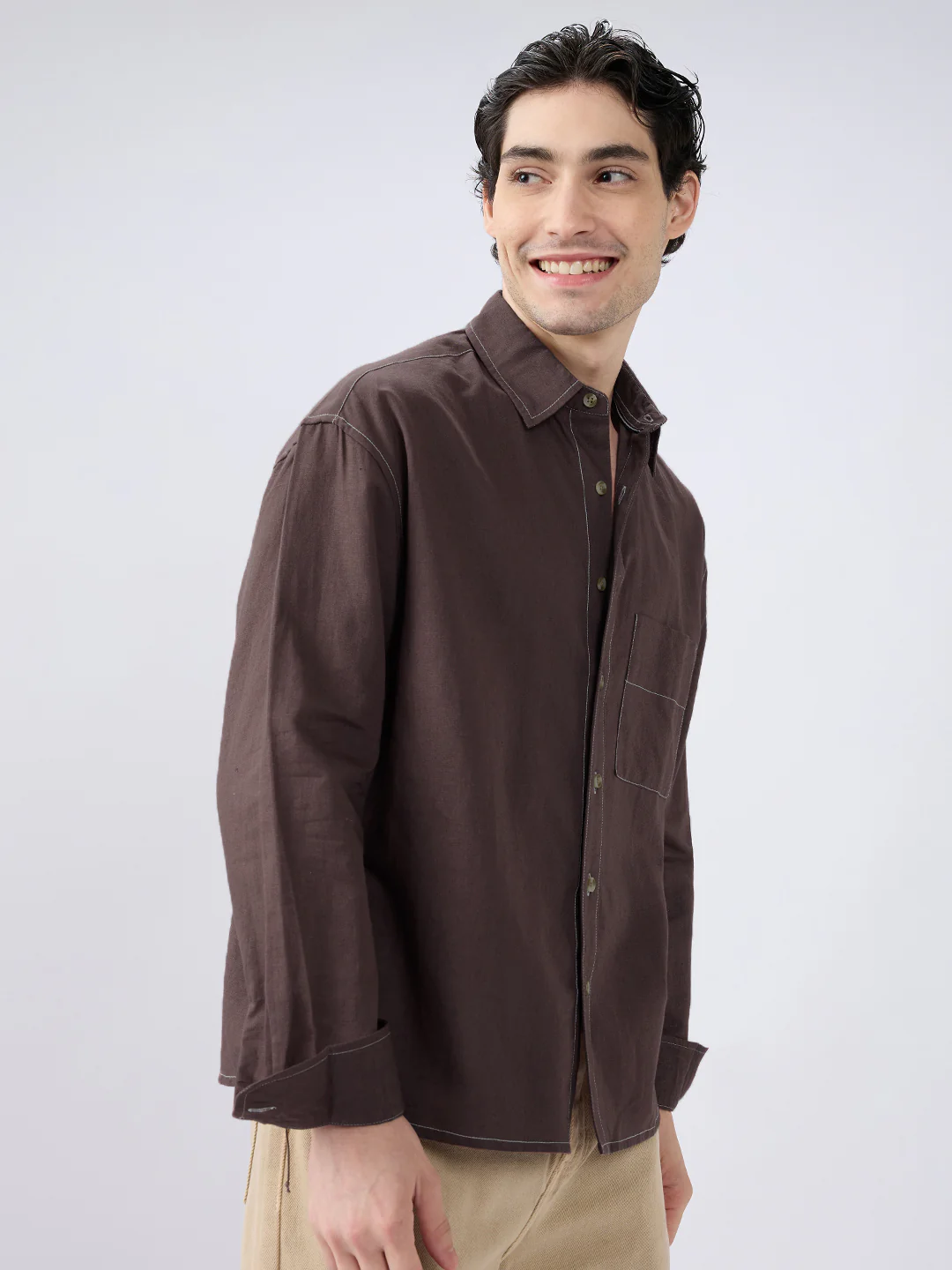 Elegant Brown Linen Contrast Stitch Boxy Fit Crop Shirt - Image 5