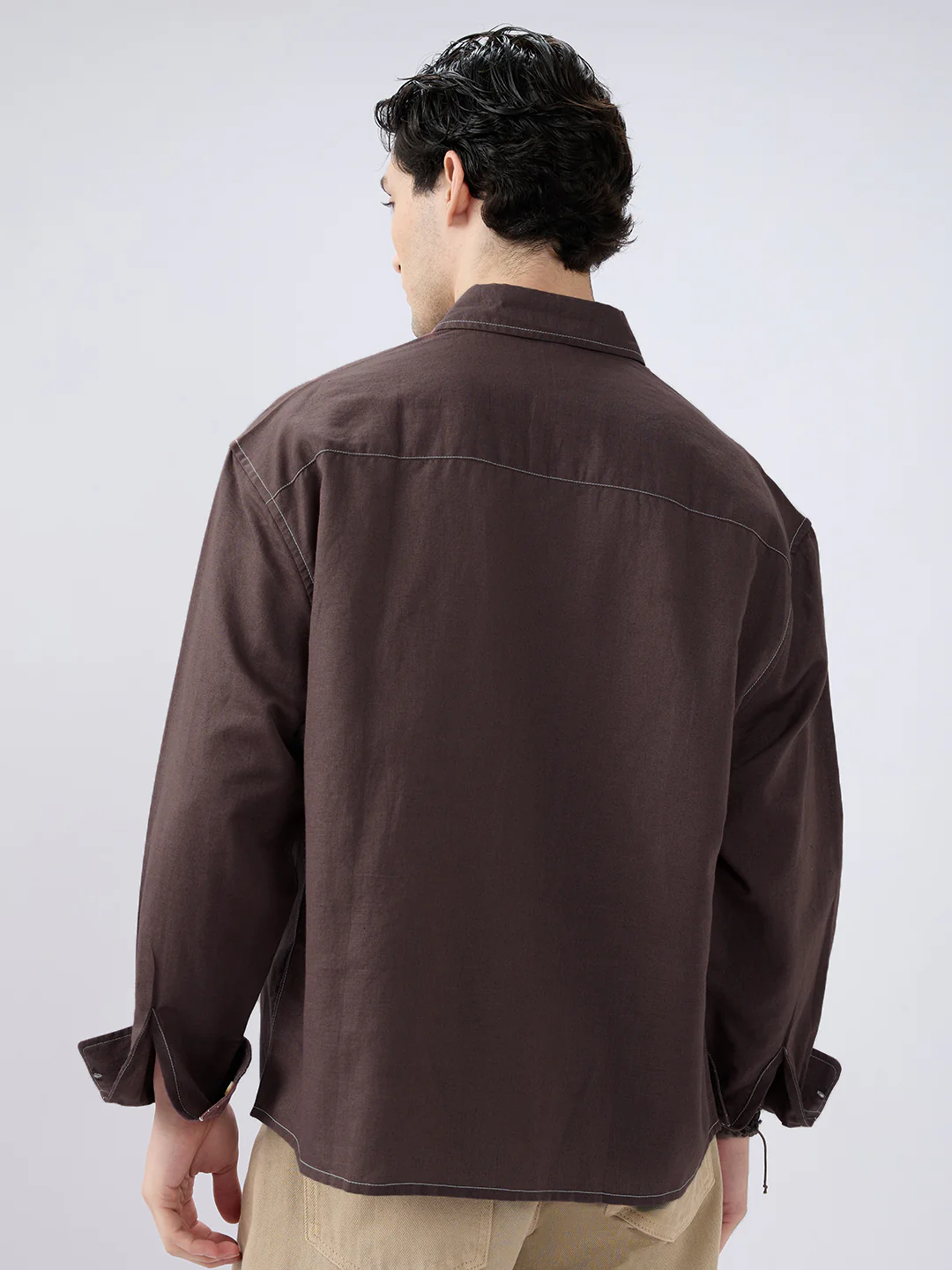 Elegant Brown Linen Contrast Stitch Boxy Fit Crop Shirt - Image 6
