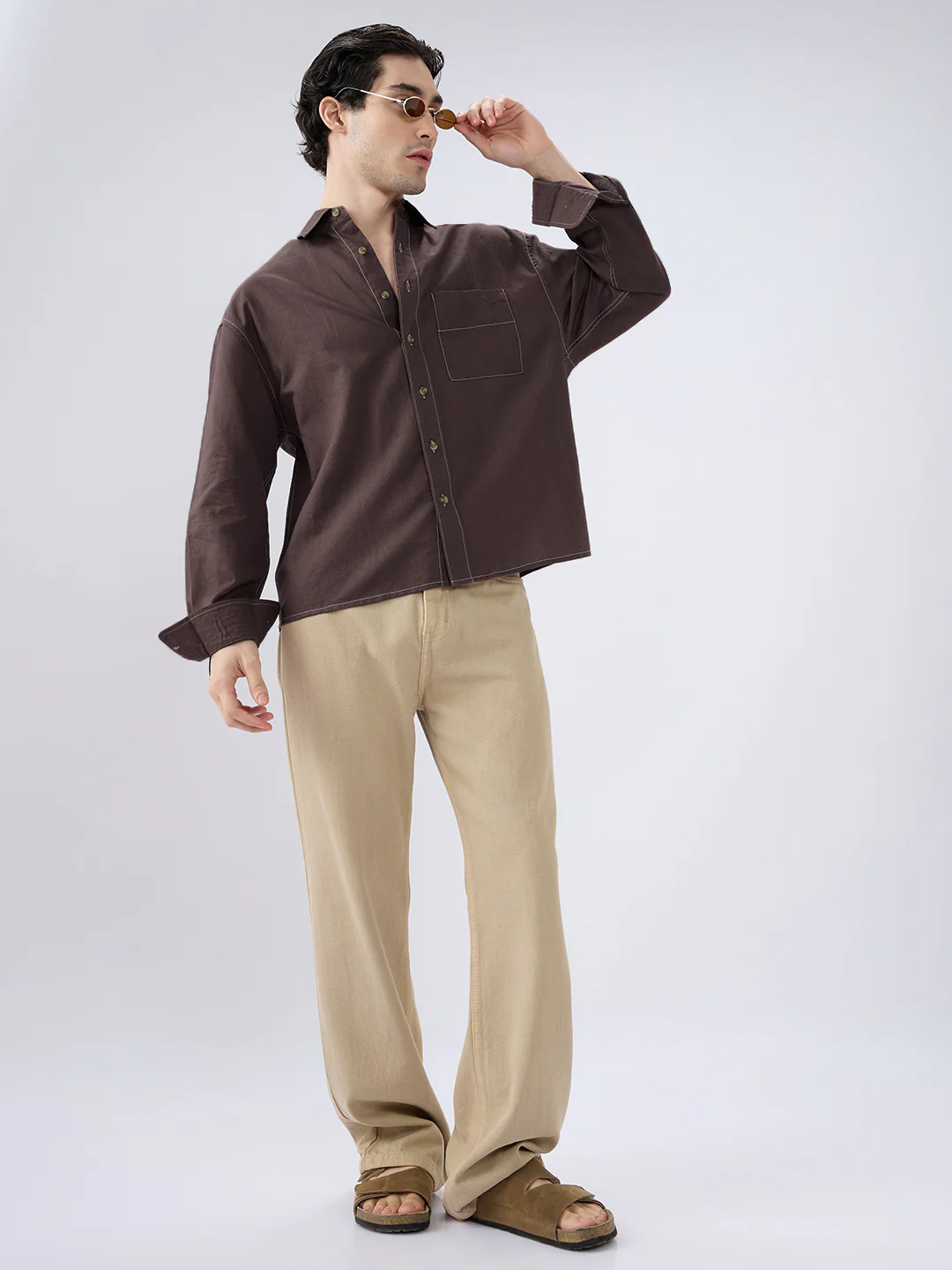 Elegant Brown Linen Contrast Stitch Boxy Fit Crop Shirt - Image 7