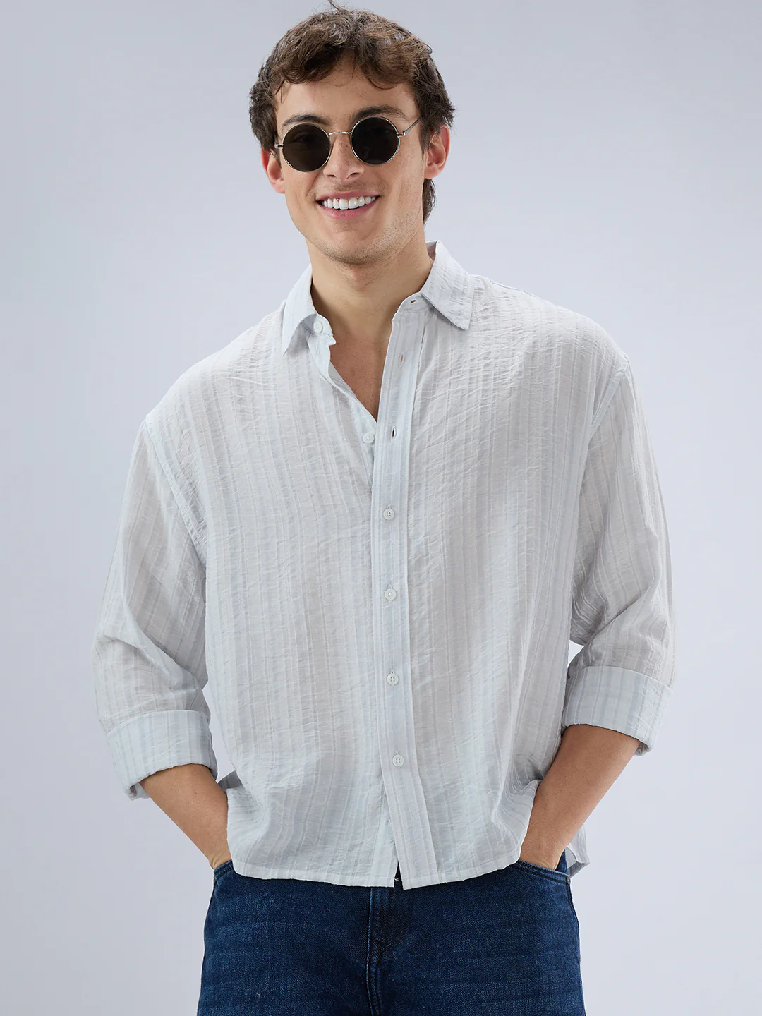 Elegant Cloud Grey Airstripe Crinkled Boxy Fit Crop Shirt