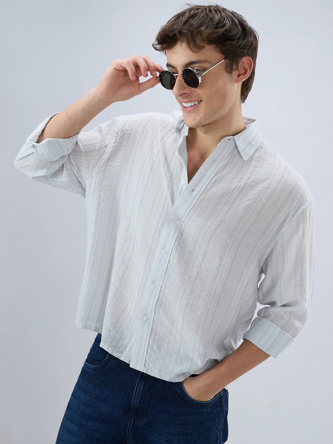 Elegant Cloud Grey Airstripe Crinkled Boxy Fit Crop Shirt - Image 2