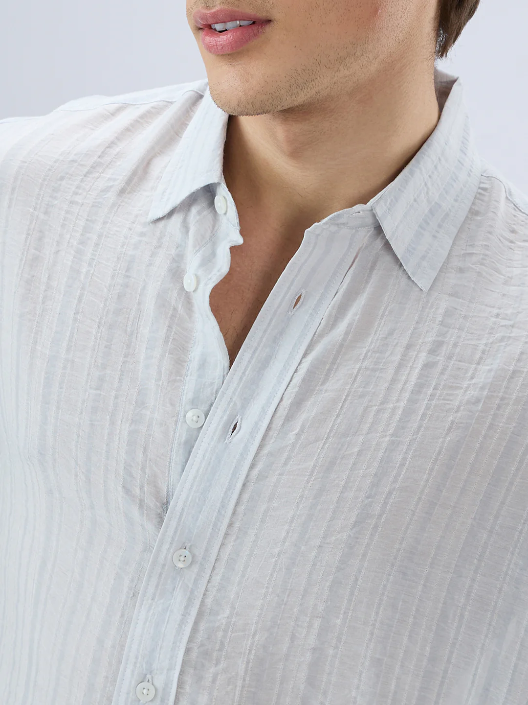Elegant Cloud Grey Airstripe Crinkled Boxy Fit Crop Shirt - Image 3