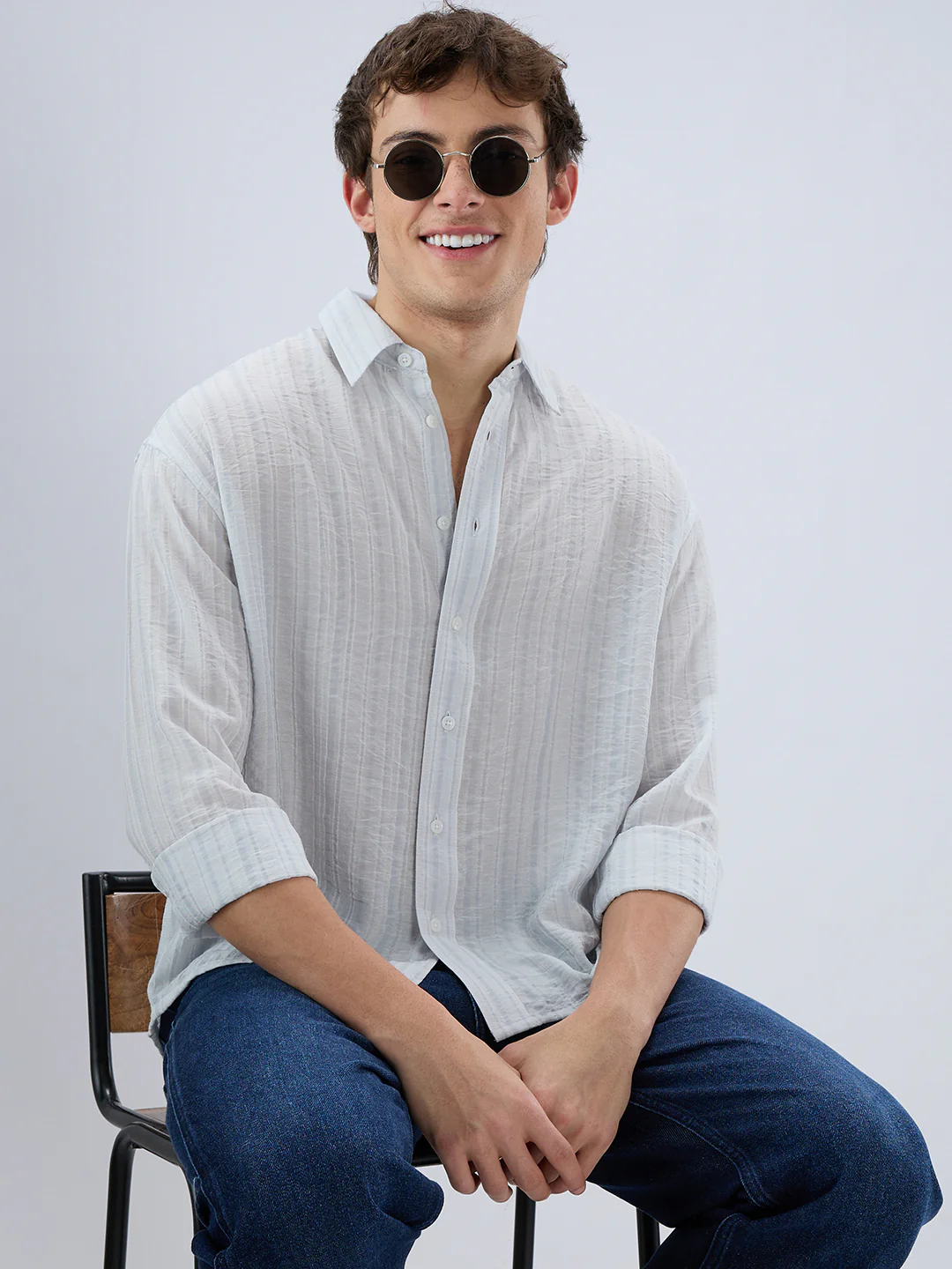 Elegant Cloud Grey Airstripe Crinkled Boxy Fit Crop Shirt - Image 4