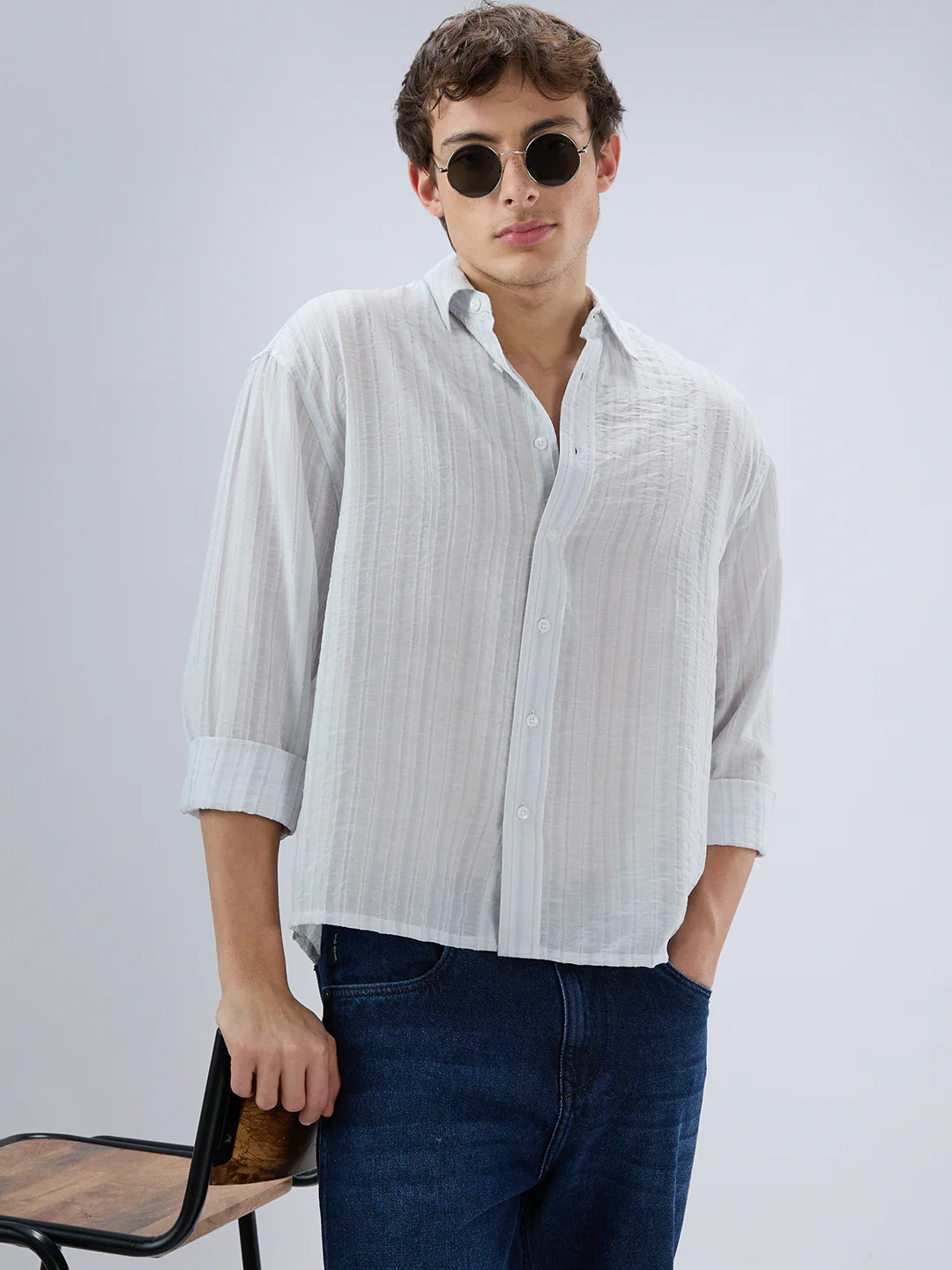 Elegant Cloud Grey Airstripe Crinkled Boxy Fit Crop Shirt - Image 5