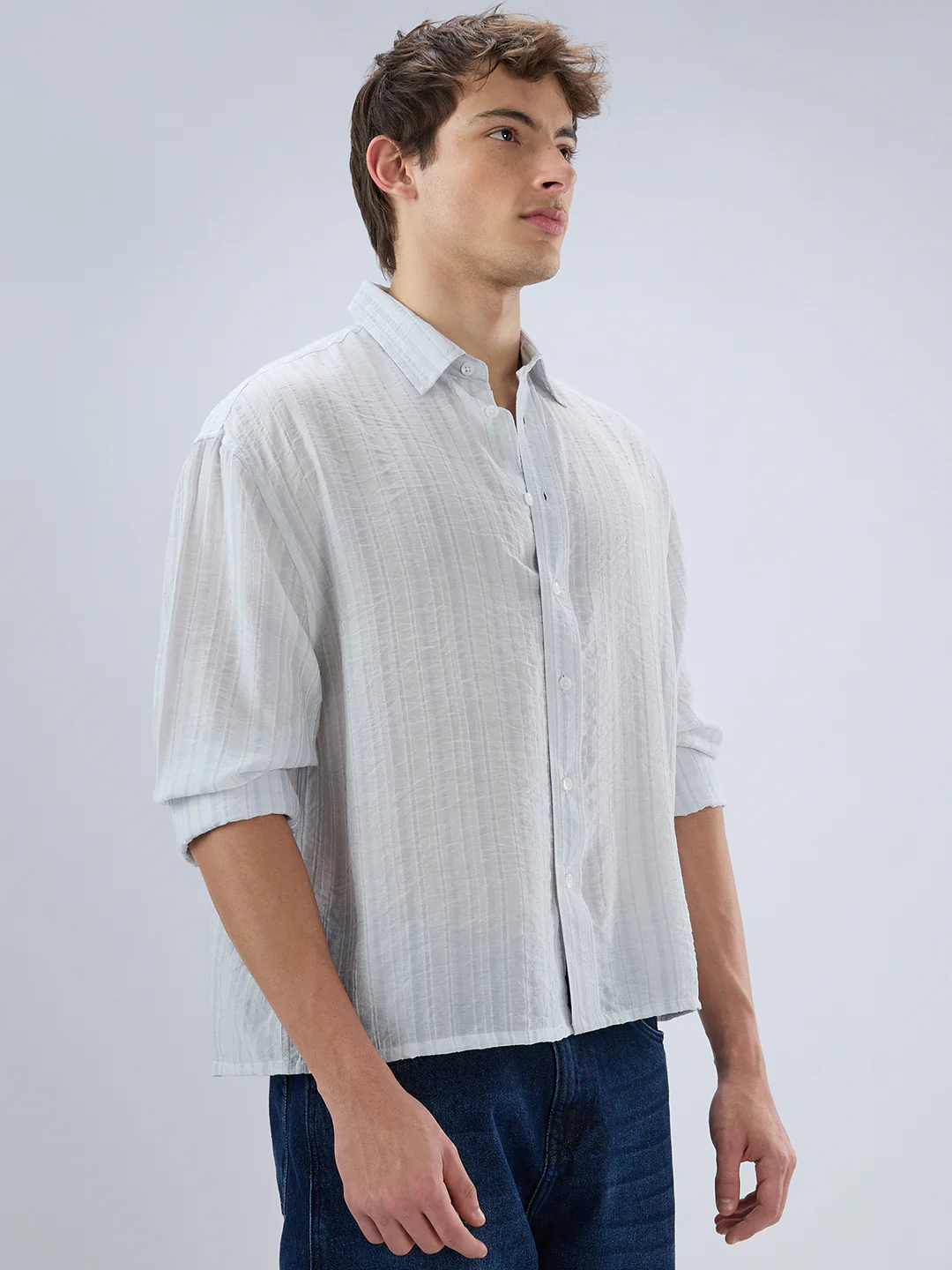 Elegant Cloud Grey Airstripe Crinkled Boxy Fit Crop Shirt - Image 6