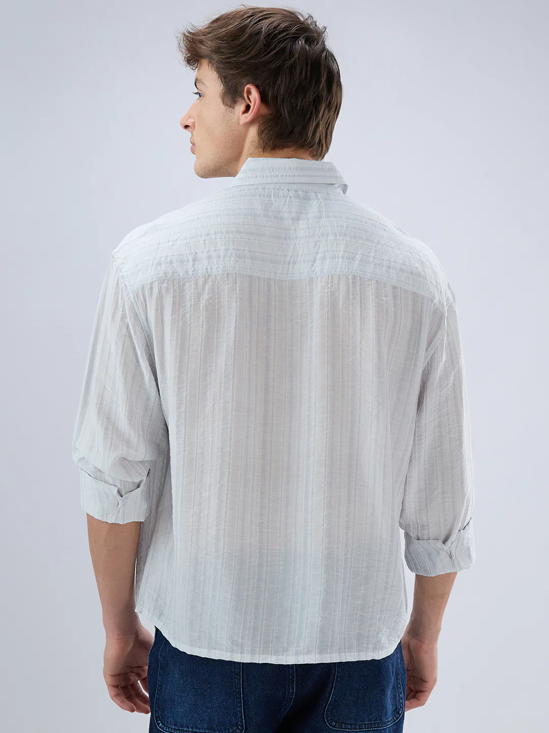 Elegant Cloud Grey Airstripe Crinkled Boxy Fit Crop Shirt - Image 7