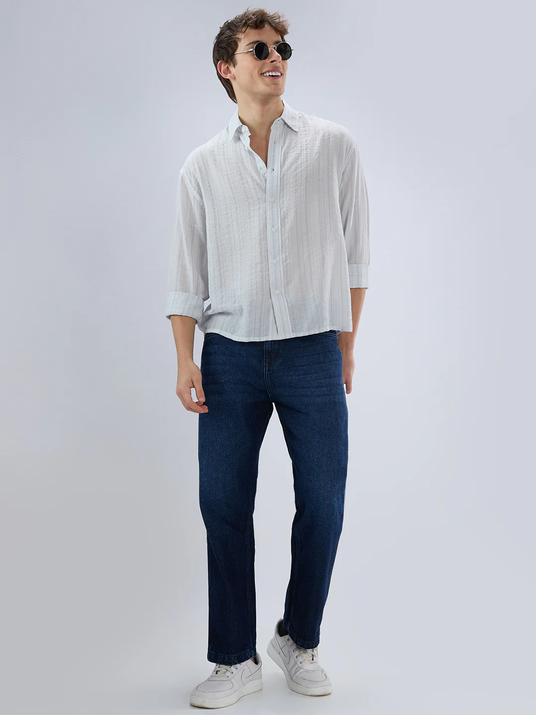 Elegant Cloud Grey Airstripe Crinkled Boxy Fit Crop Shirt - Image 8