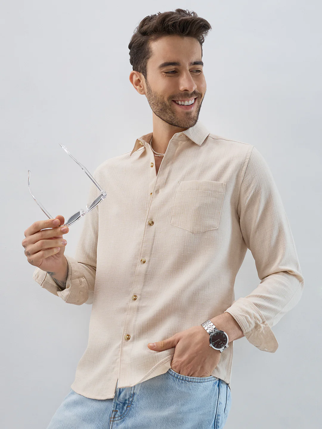 Elegant Cream Slub Textured Shirt - Image 2