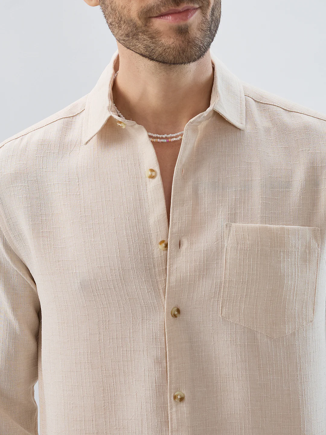 Elegant Cream Slub Textured Shirt - Image 3