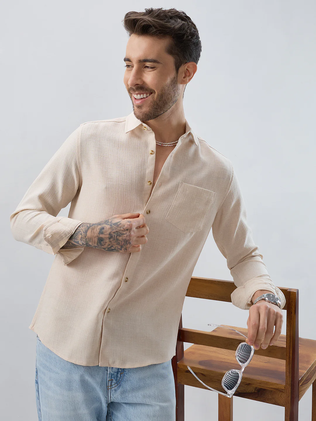 Elegant Cream Slub Textured Shirt - Image 4