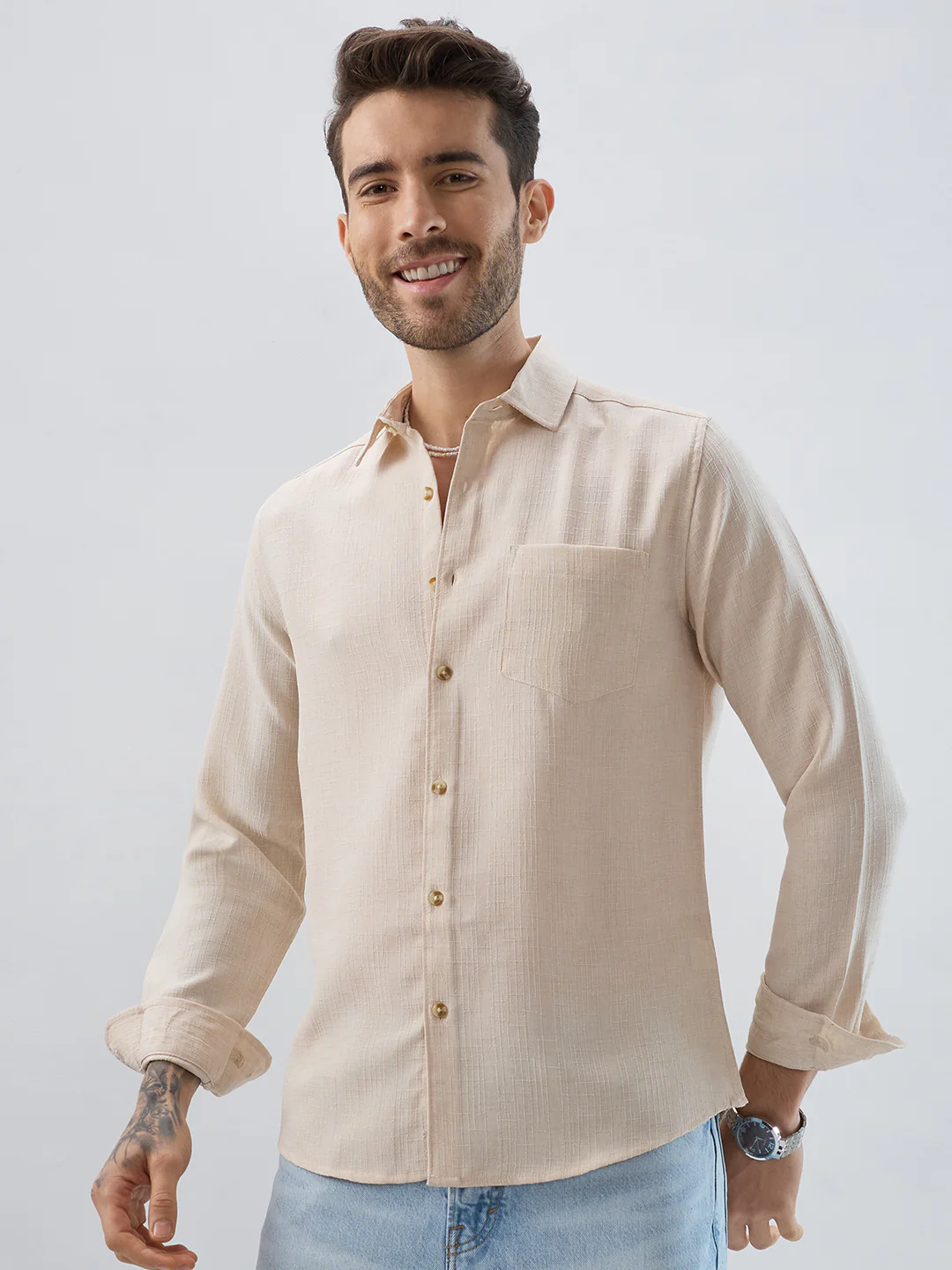 Elegant Cream Slub Textured Shirt - Image 5