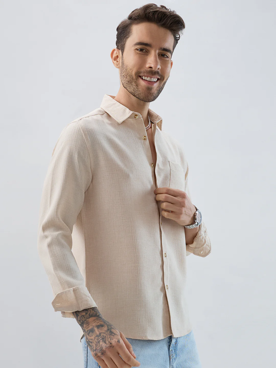 Elegant Cream Slub Textured Shirt - Image 6