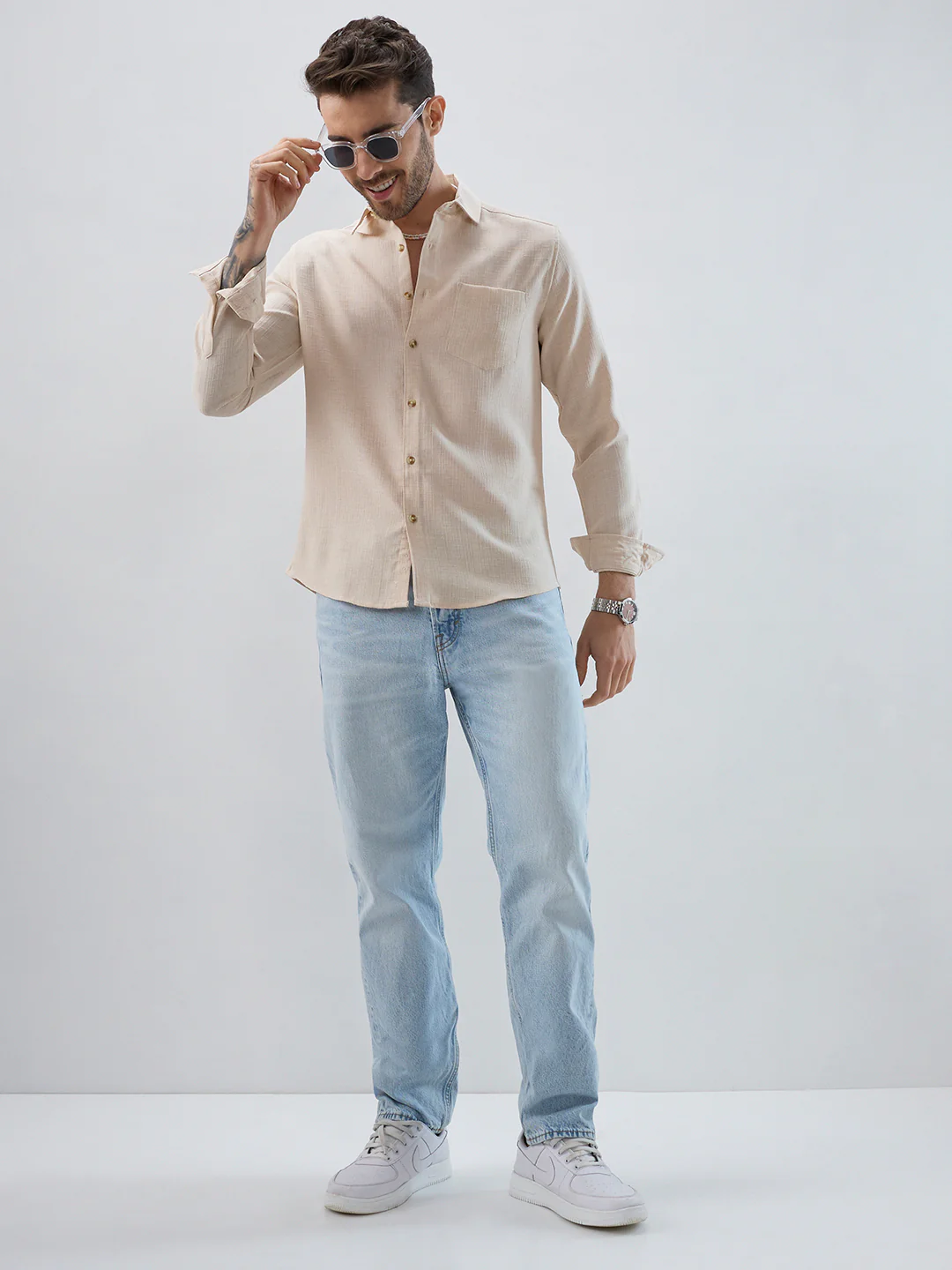 Elegant Cream Slub Textured Shirt - Image 8