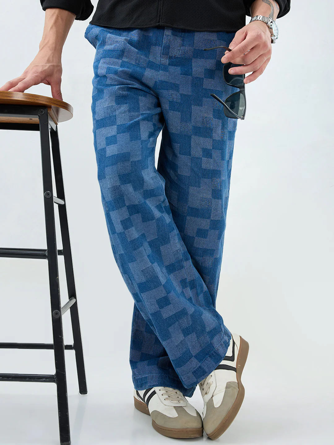 Elegant Denim Blue Box Checks Acid Wash Straight-Fit Trousers - Image 2