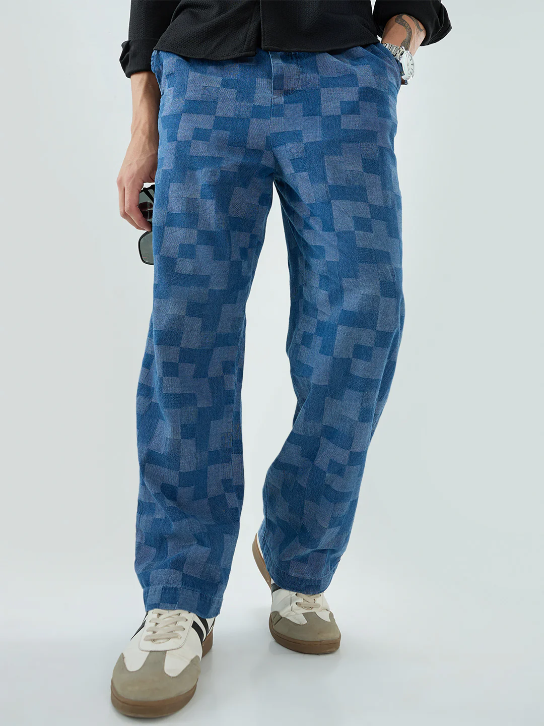 Elegant Denim Blue Box Checks Acid Wash Straight-Fit Trousers - Image 4