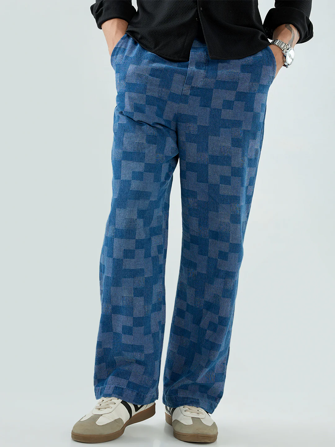 Elegant Denim Blue Box Checks Acid Wash Straight-Fit Trousers - Image 5