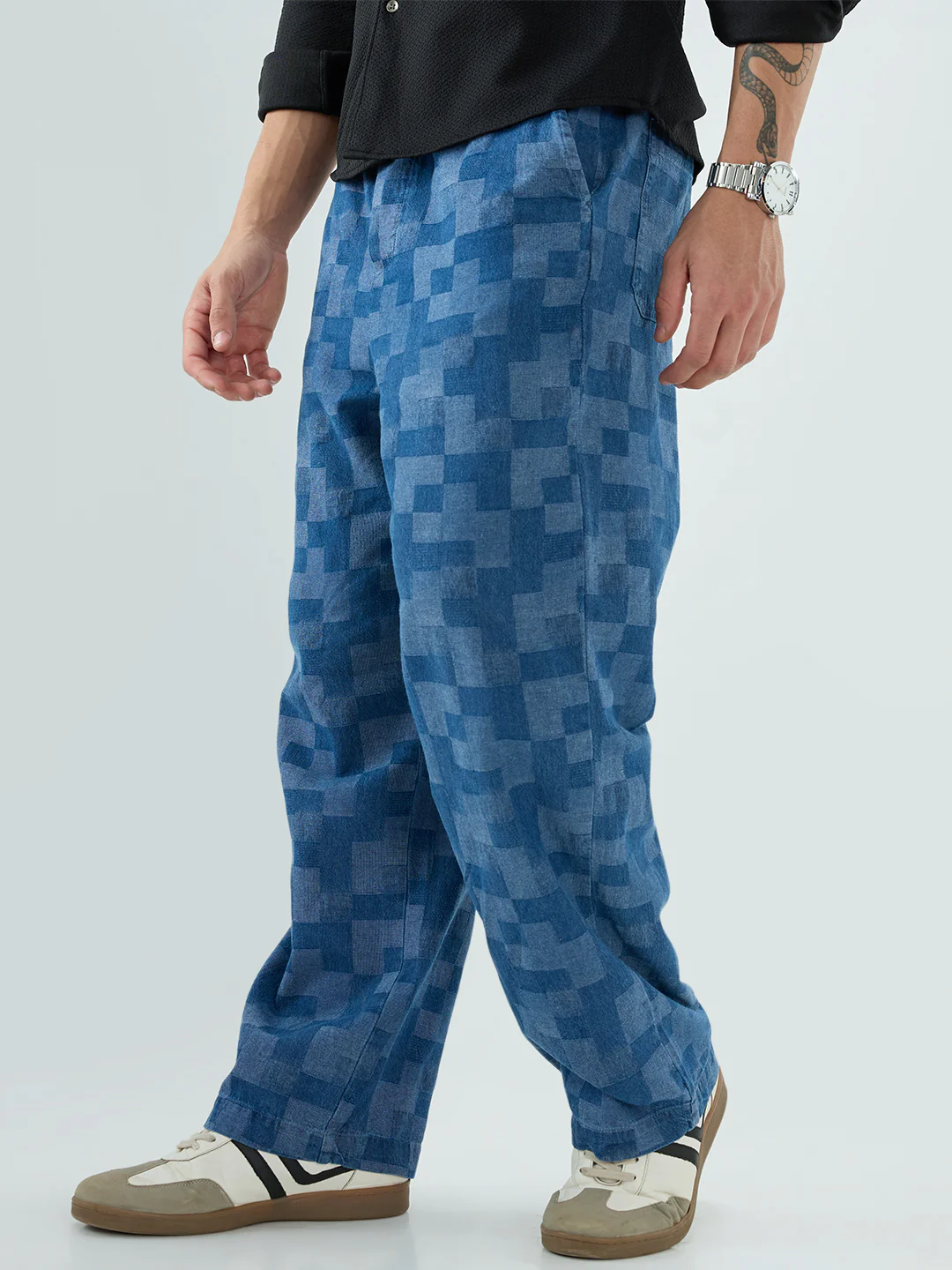 Elegant Denim Blue Box Checks Acid Wash Straight-Fit Trousers - Image 6