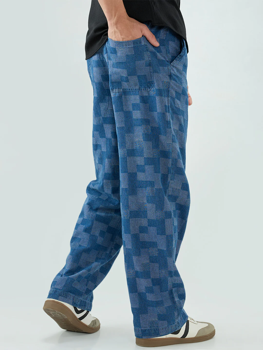 Elegant Denim Blue Box Checks Acid Wash Straight-Fit Trousers - Image 7