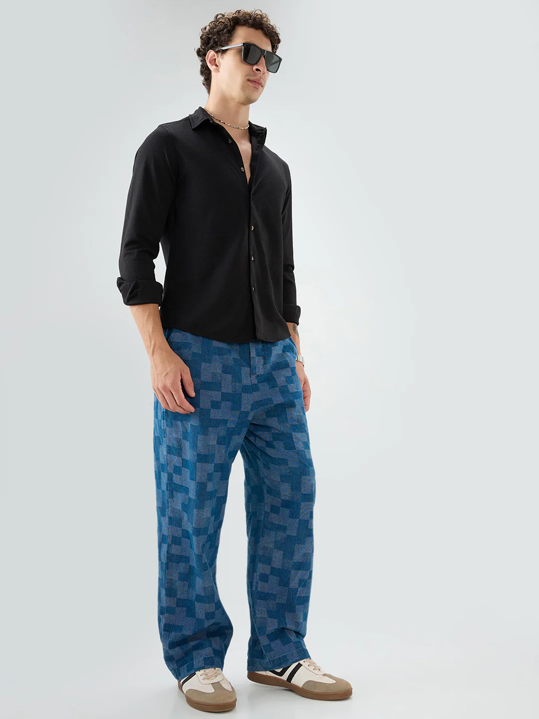 Elegant Denim Blue Box Checks Acid Wash Straight-Fit Trousers - Image 8
