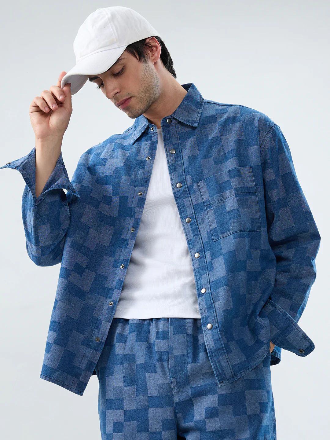 Elegant Denim Patch Block Checks Boxy Fit Crop Shirt - Image 2