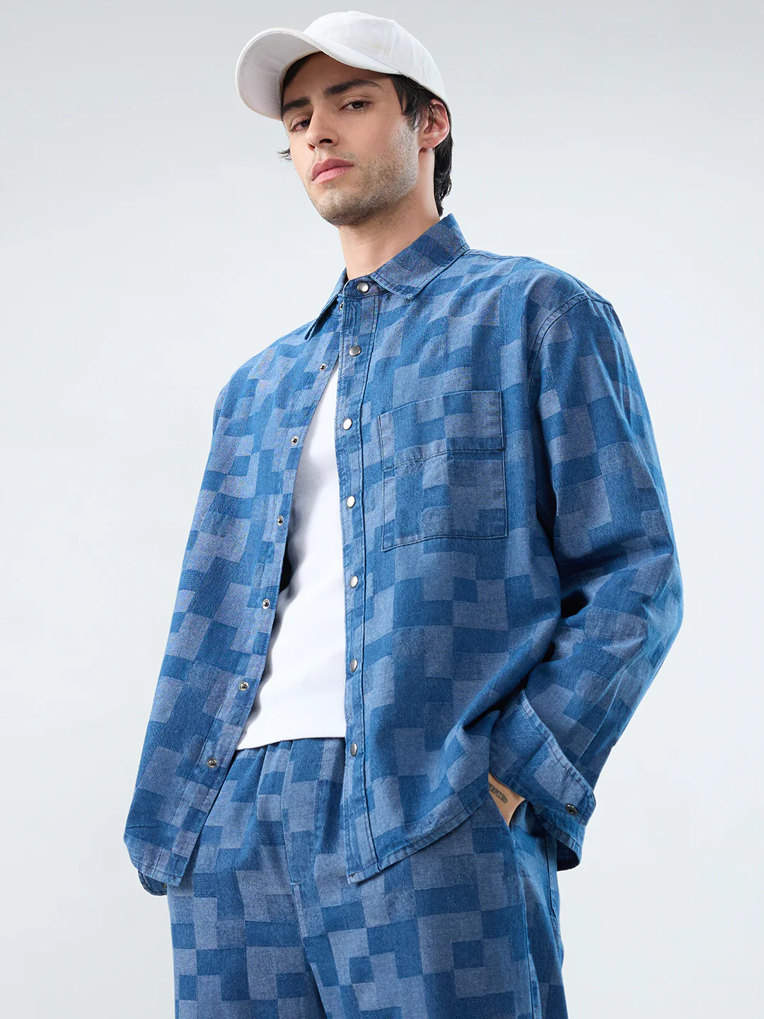 Elegant Denim Patch Block Checks Boxy Fit Crop Shirt - Image 4